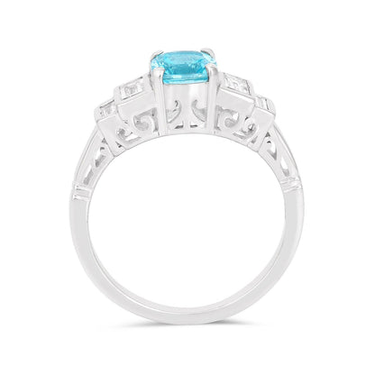 1.05 Ct Cushion Blue Natural Paraiba Apatite Prong Rhodium Plated Sterling Silver Baguette Accents Five Stone Ring