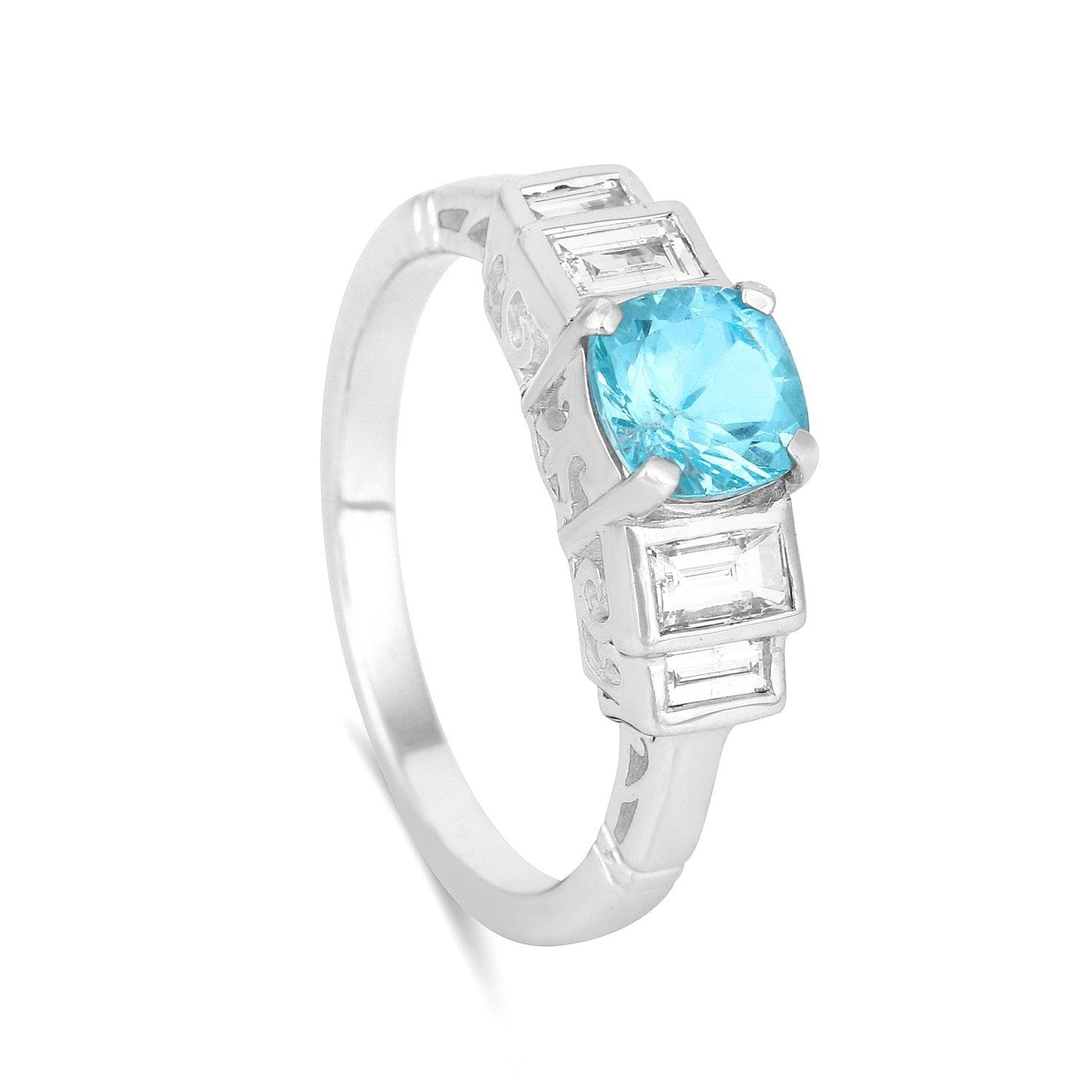 1.05 Ct Cushion Blue Natural Paraiba Apatite Prong Rhodium Plated Sterling Silver Baguette Accents Five Stone Ring