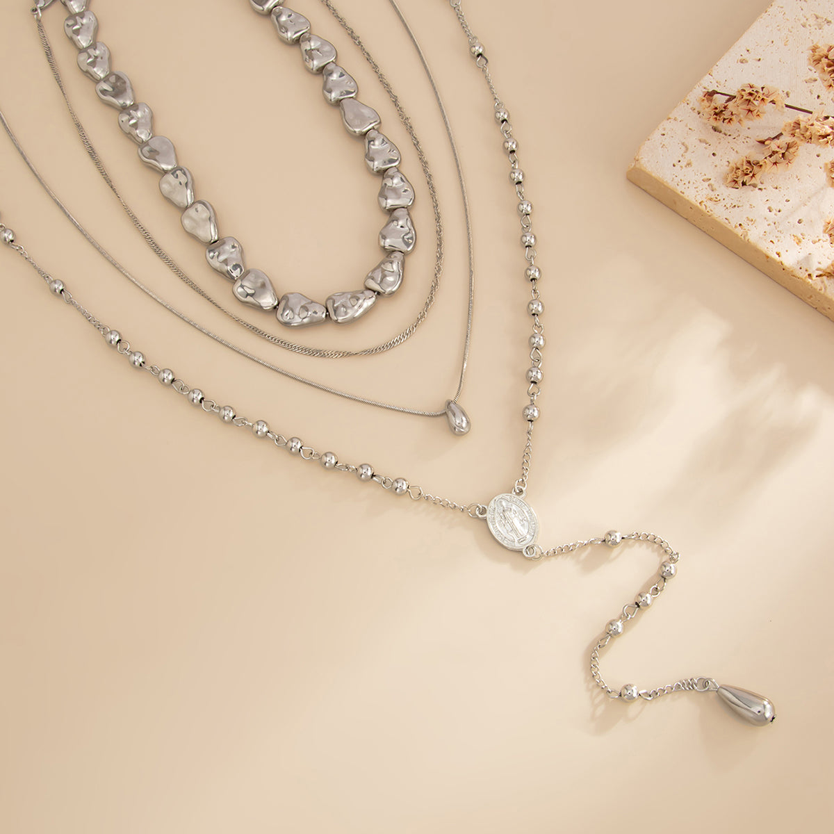 Silvertone Drop Beads Chain Y-Necklace Set