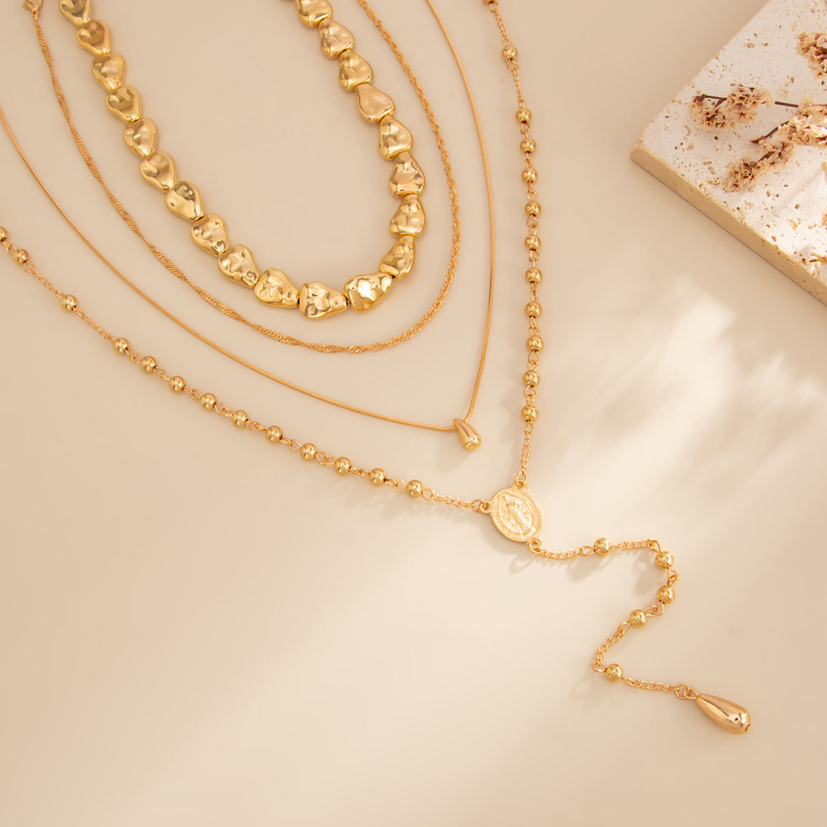 Goldtone Drop Beads Chain Y-Necklace Set