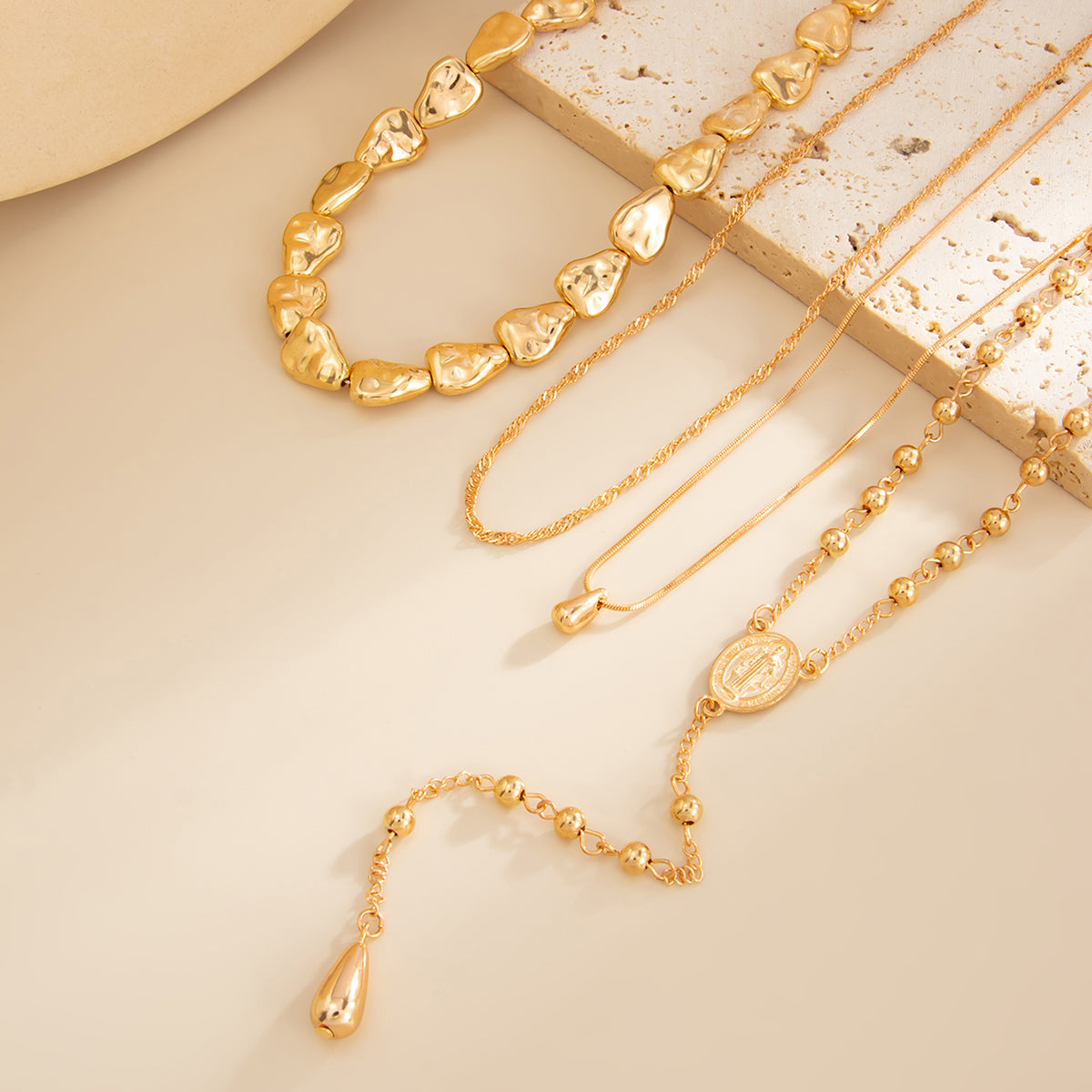 Goldtone Drop Beads Chain Y-Necklace Set