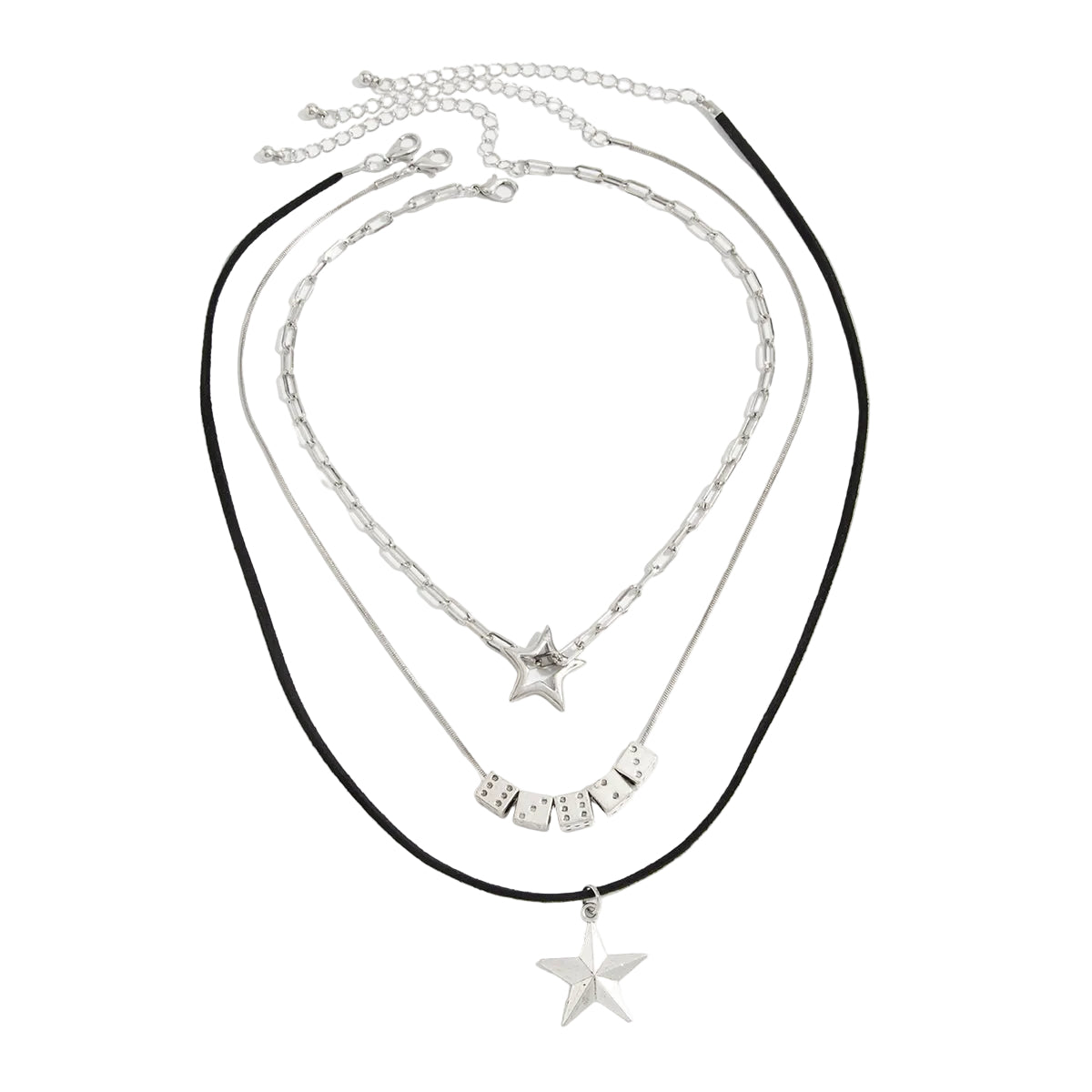 Black Polyster & Silvertone Star Dice Pendant Necklace Set