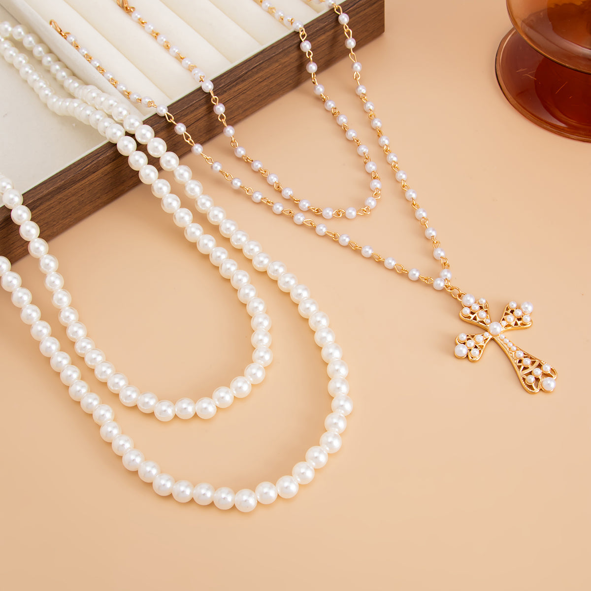 Pearl & Goldtone Beaded Chain Cross Pendant Necklace Set
