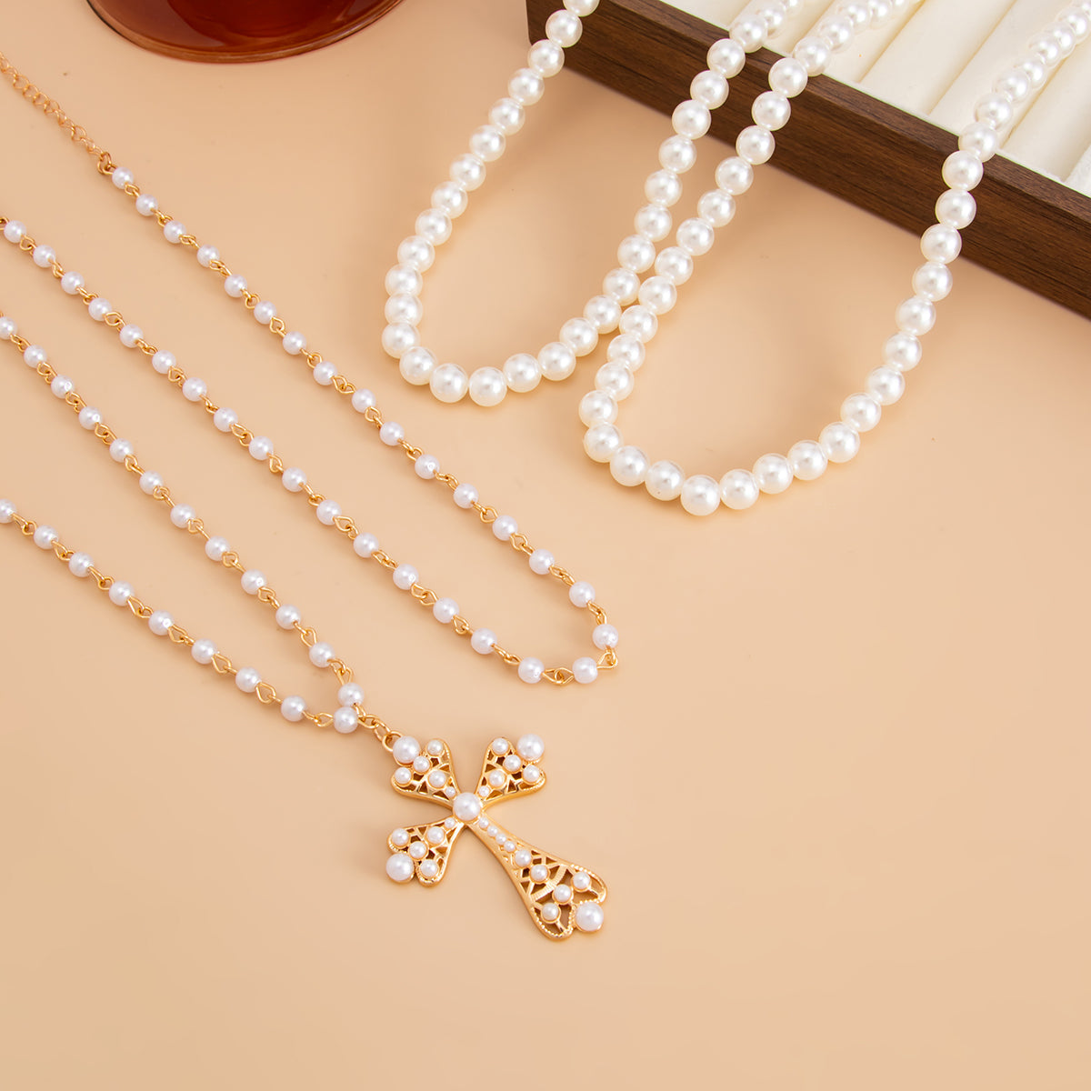 Pearl & Goldtone Beaded Chain Cross Pendant Necklace Set