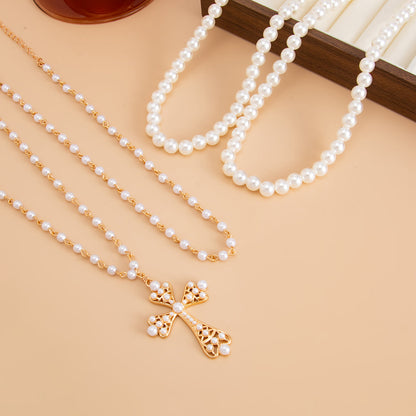 Pearl & Goldtone Beaded Chain Cross Pendant Necklace Set