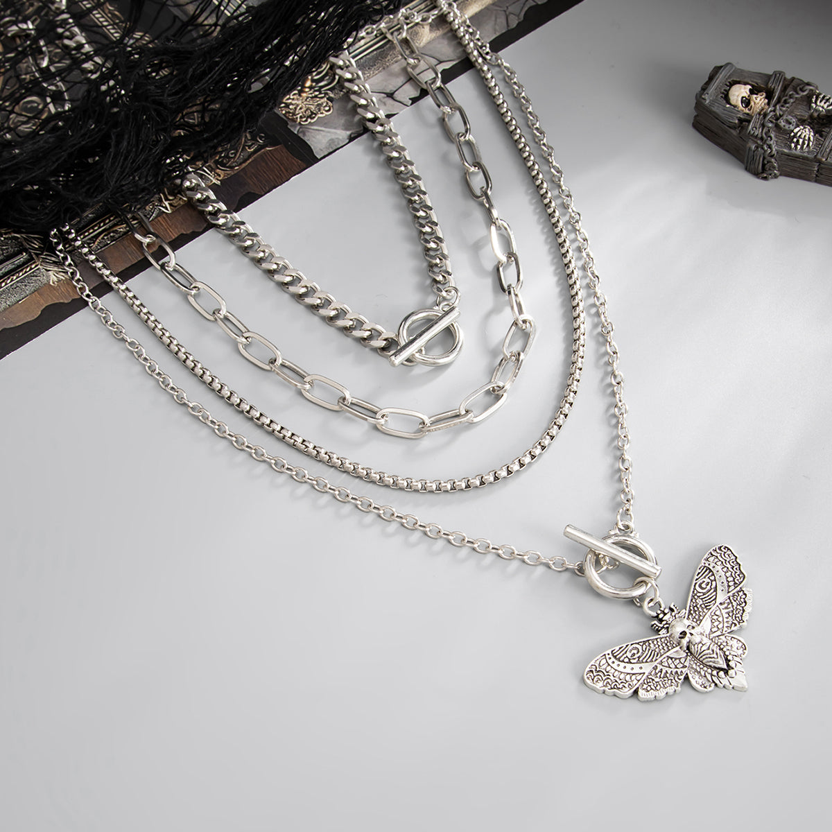 Silvertone Moth Pendant Toggle Necklace Set