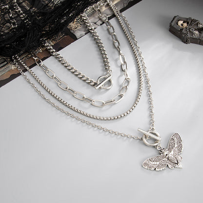 Silvertone Moth Pendant Toggle Necklace Set