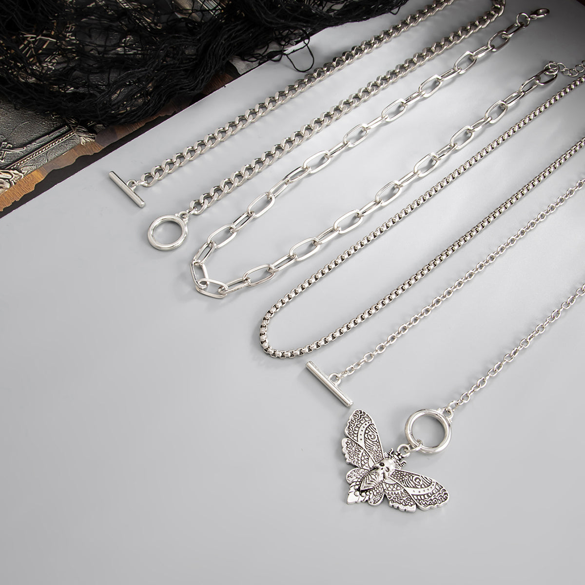 Silvertone Moth Pendant Toggle Necklace Set