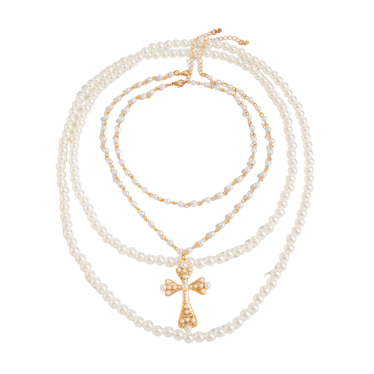 Pearl & Goldtone Beaded Chain Cross Pendant Necklace Set