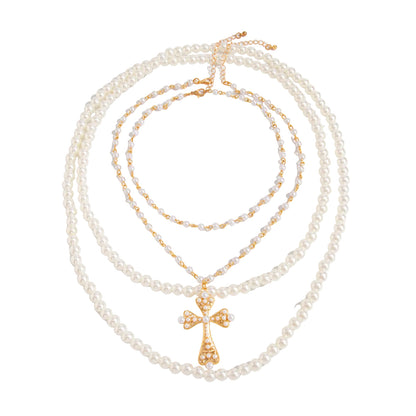Pearl & Goldtone Beaded Chain Cross Pendant Necklace Set