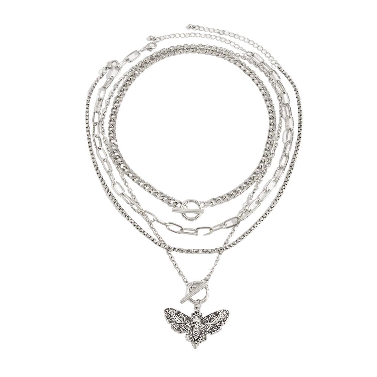 Silvertone Moth Pendant Toggle Necklace Set
