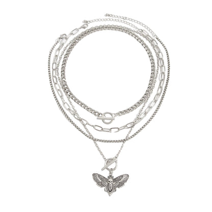 Silvertone Moth Pendant Toggle Necklace Set