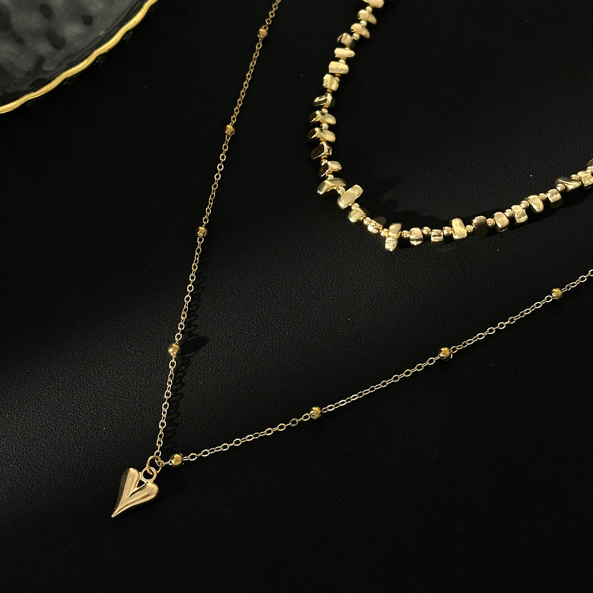 Goldtone Irregular Beads Chian Heart Pendant Necklace Set