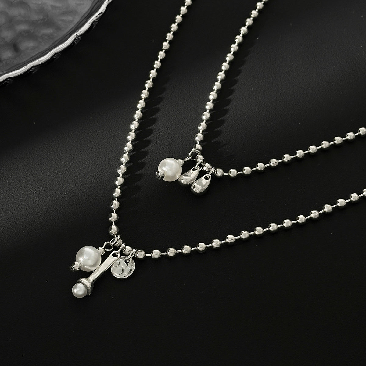 Pearl & Silvertone Drop Bar Pendant Necklace Set