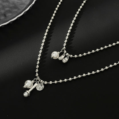 Pearl & Silvertone Drop Bar Pendant Necklace Set