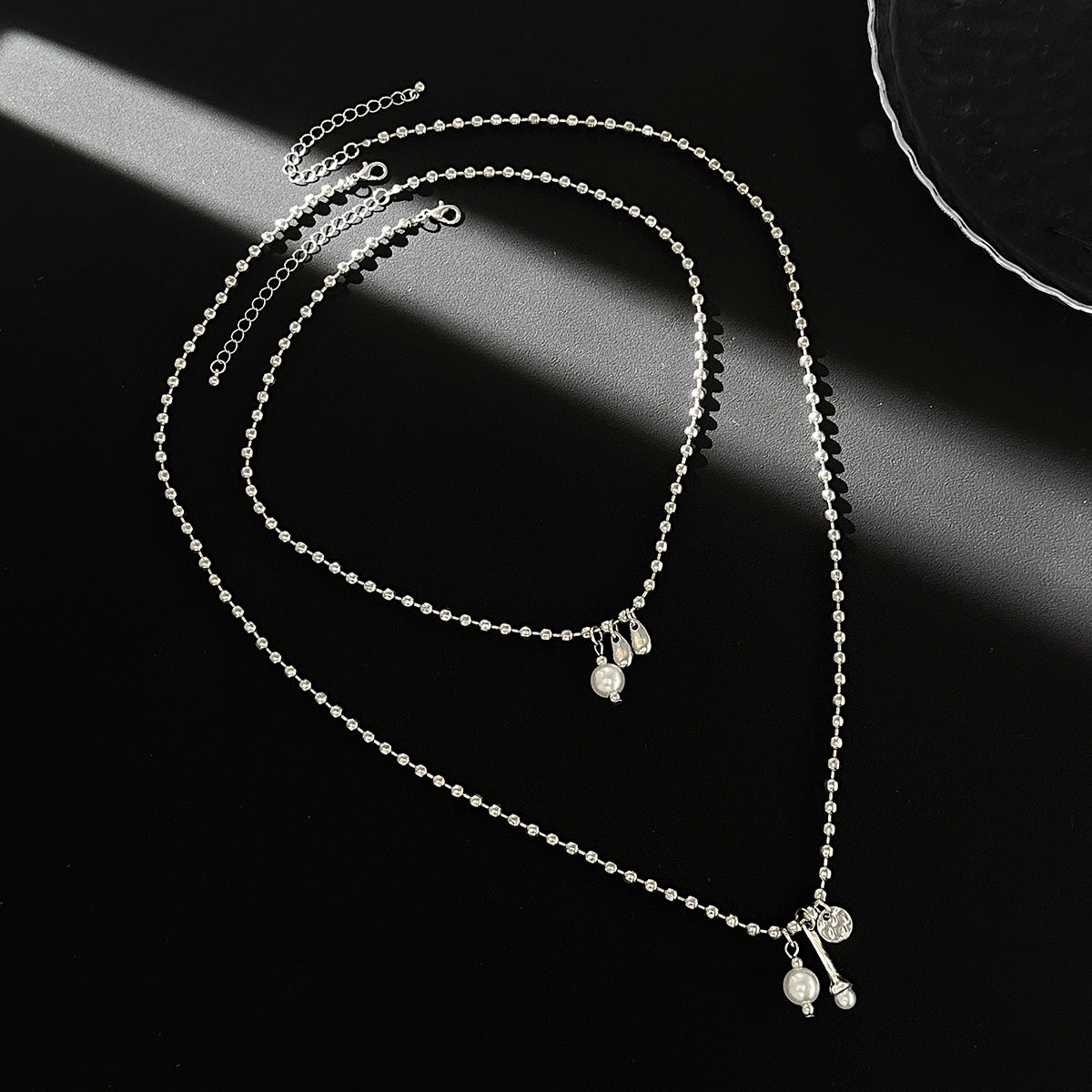 Pearl & Silvertone Drop Bar Pendant Necklace Set