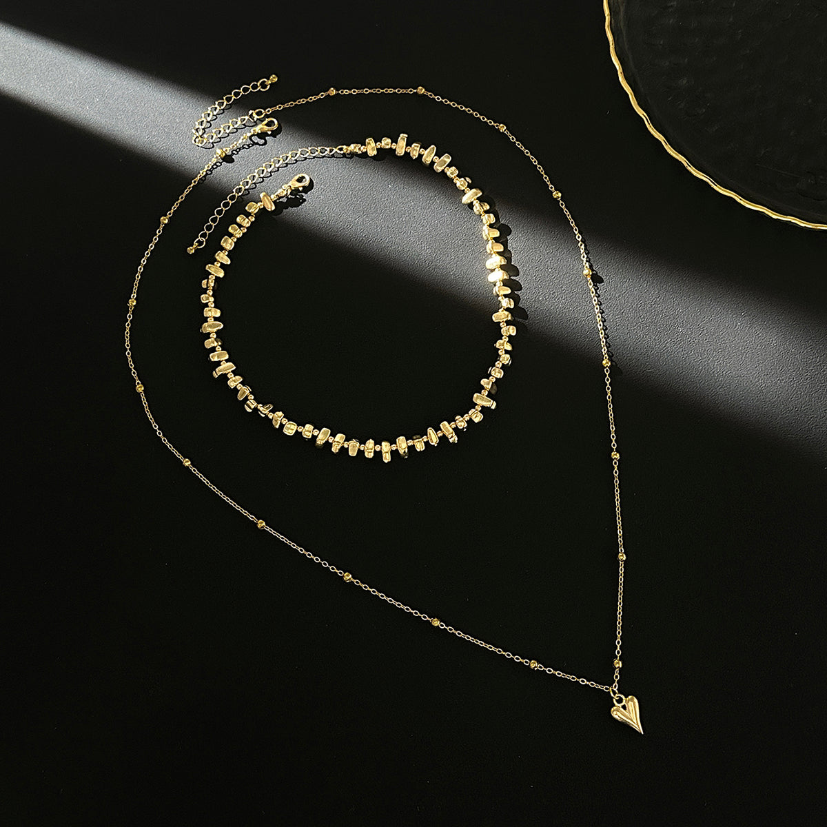Goldtone Irregular Beads Chian Heart Pendant Necklace Set