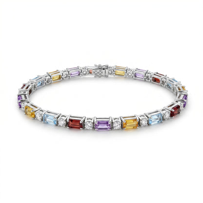 11.8 Ct Baguette Rainbow Multi-Gemstone Prong Silver Alternating Inline Box Clasp Tennis Bracelet