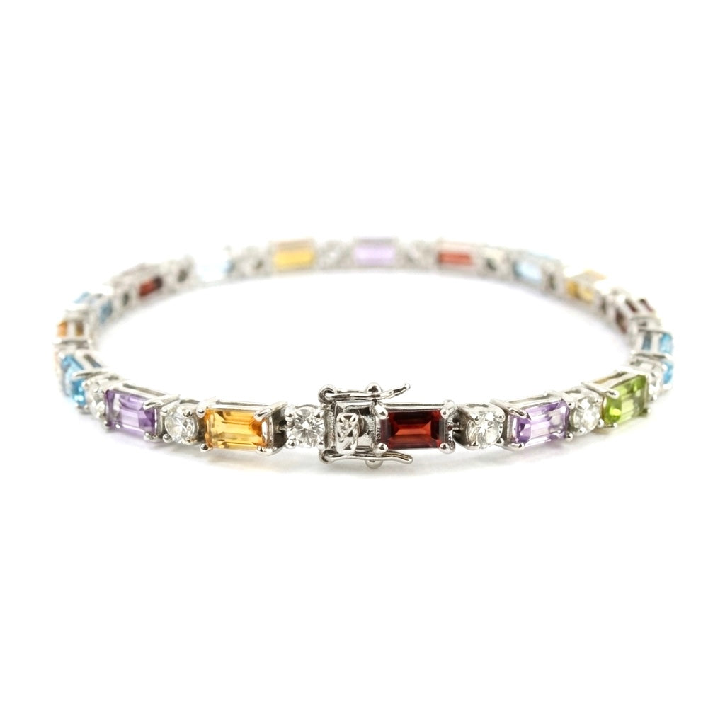 11.8 Ct Baguette Rainbow Multi-Gemstone Prong Silver Alternating Inline Box Clasp Tennis Bracelet
