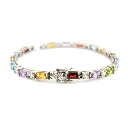 11.8 Ct Baguette Rainbow Multi-Gemstone Prong Silver Alternating Inline Box Clasp Tennis Bracelet