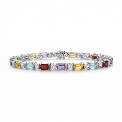 11.8 Ct Baguette Rainbow Multi-Gemstone Prong Silver Alternating Inline Box Clasp Tennis Bracelet