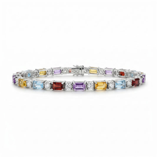 11.8 Ct Baguette Rainbow Multi-Gemstone Prong Silver Alternating Inline Box Clasp Tennis Bracelet