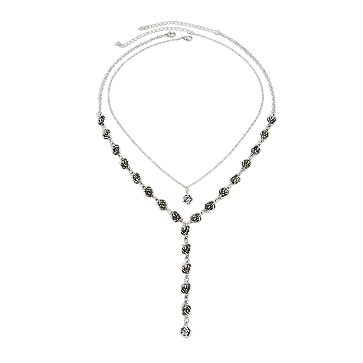 Black Enamel & Silvertone Rose Station Drop Necklace Set