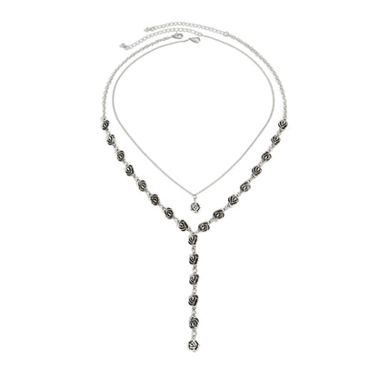 Black Enamel & Silvertone Rose Station Drop Necklace Set