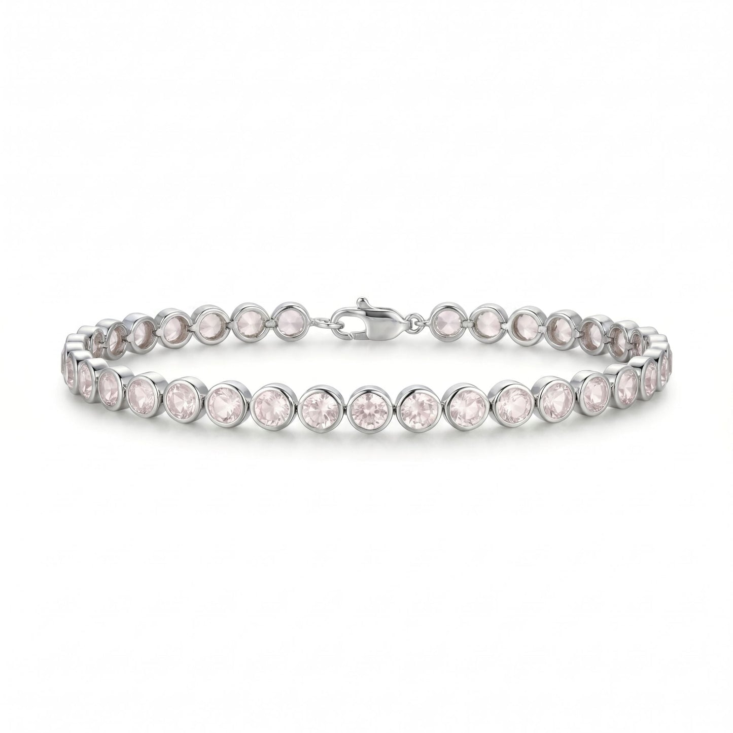8.12 Ct Round Pink Rose Quartz Bezel Sterling Silver Inline Lobster Clasp Tennis Bracelet