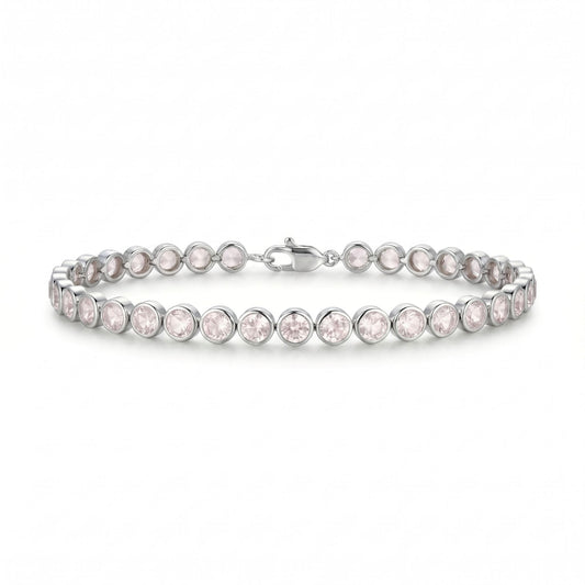 8.12 Ct Round Pink Rose Quartz Bezel Sterling Silver Inline Lobster Clasp Tennis Bracelet