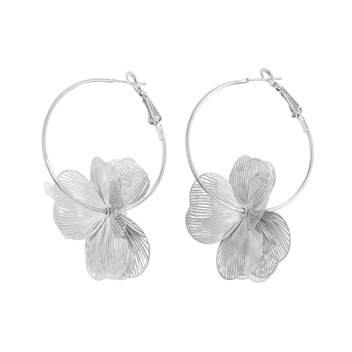 Silvertone Textured Open Flower Cluster Huggie Earrings