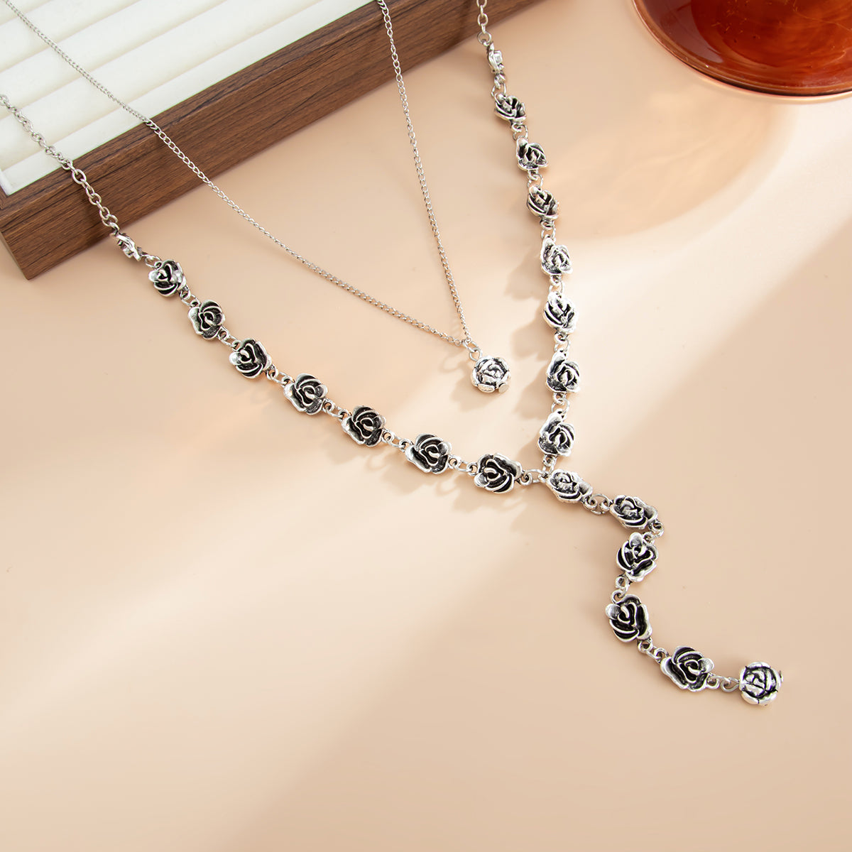 Black Enamel & Silvertone Rose Station Drop Necklace Set