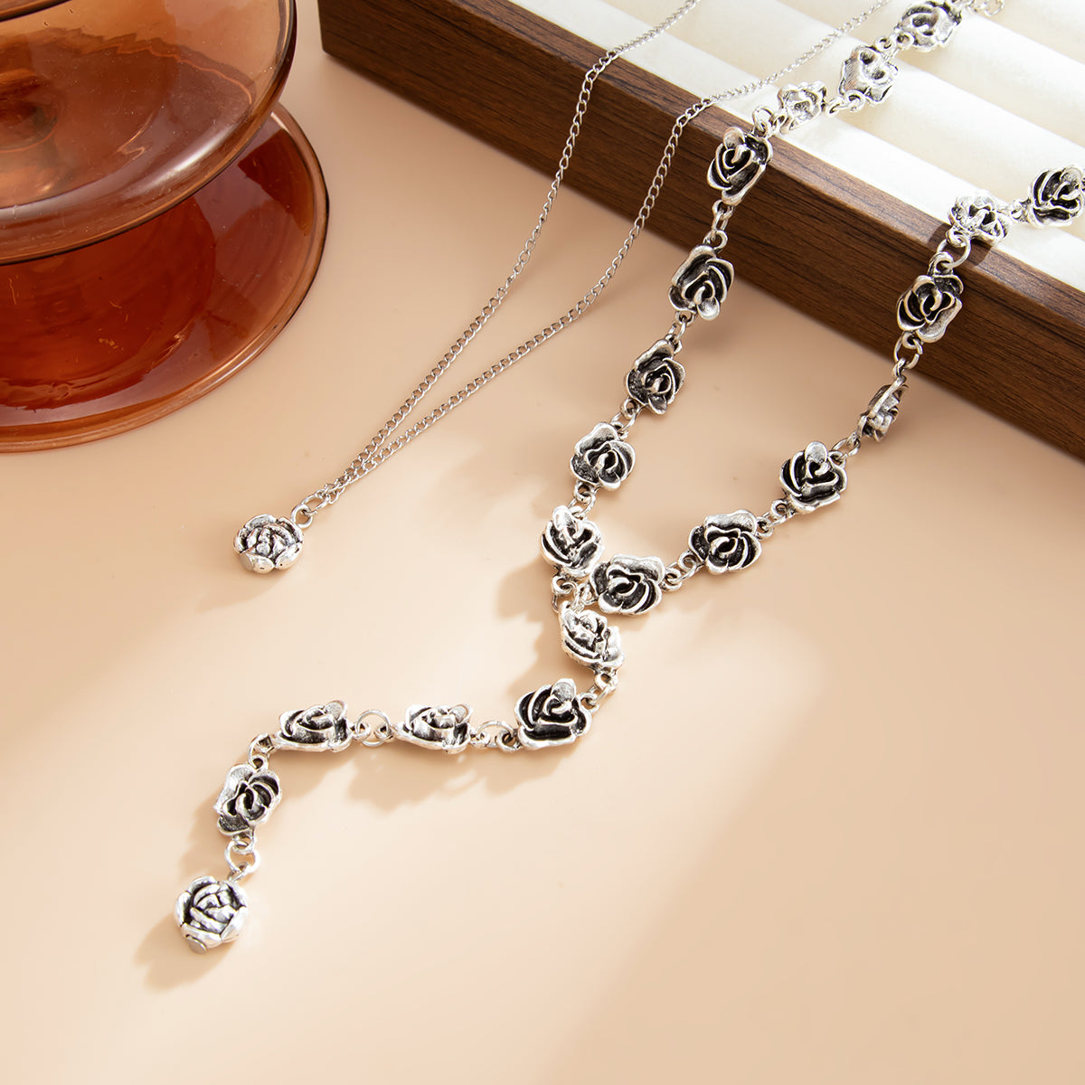 Black Enamel & Silvertone Rose Station Drop Necklace Set