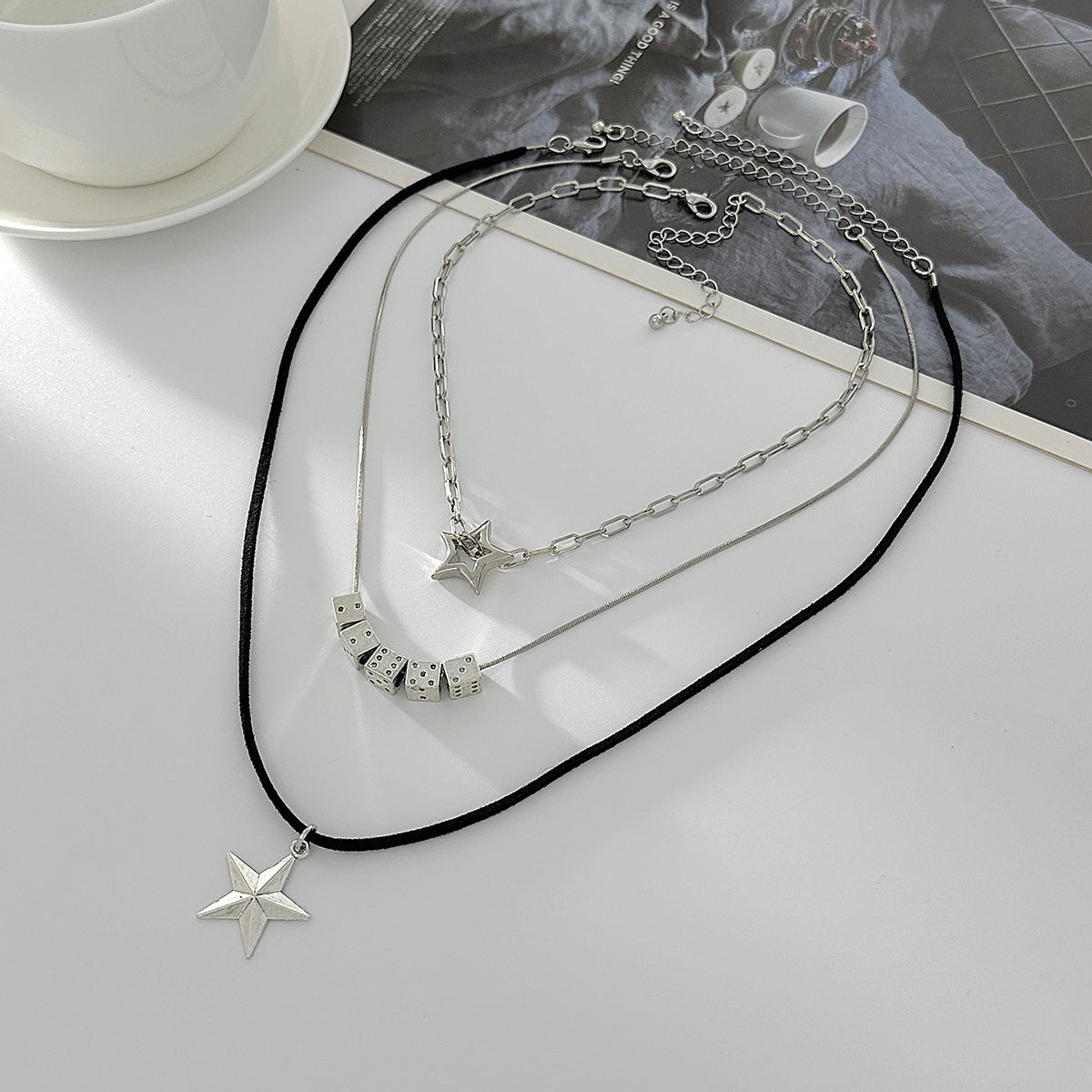 Black Polyster & Silvertone Star Dice Pendant Necklace Set