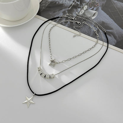 Black Polyster & Silvertone Star Dice Pendant Necklace Set