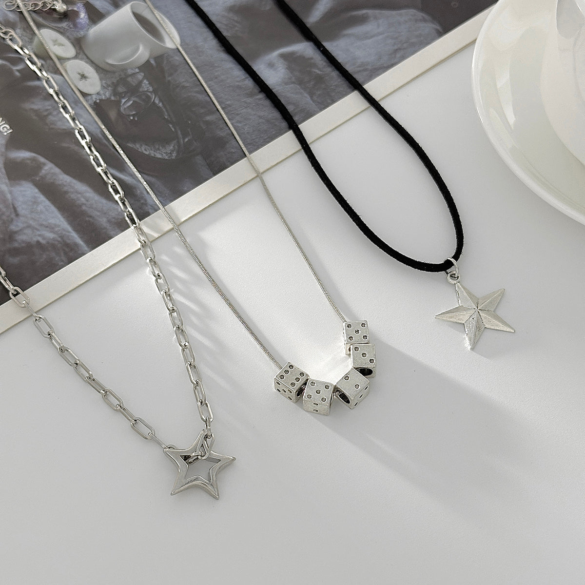 Black Polyster & Silvertone Star Dice Pendant Necklace Set