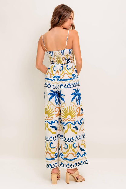 Vacay Glow Ivory Blue Woven Jumpsuit