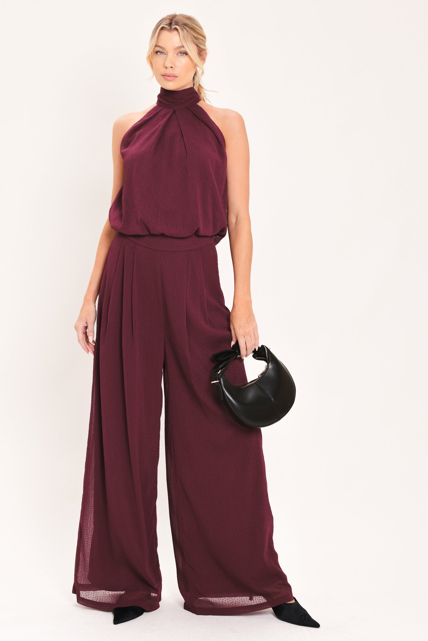 Bordeaux Sheer Drape Woven Wide Leg Pants