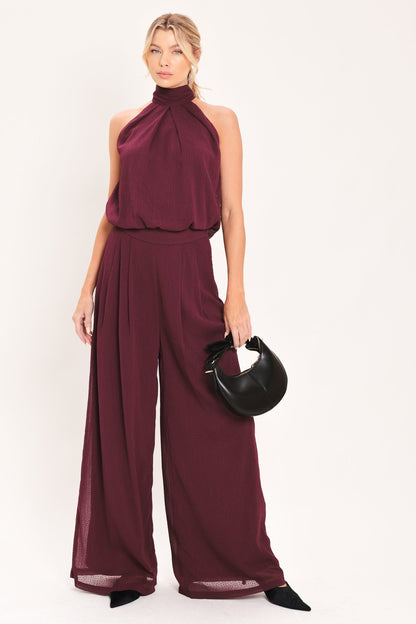 Bordeaux Sheer Drape Woven Wide Leg Pants