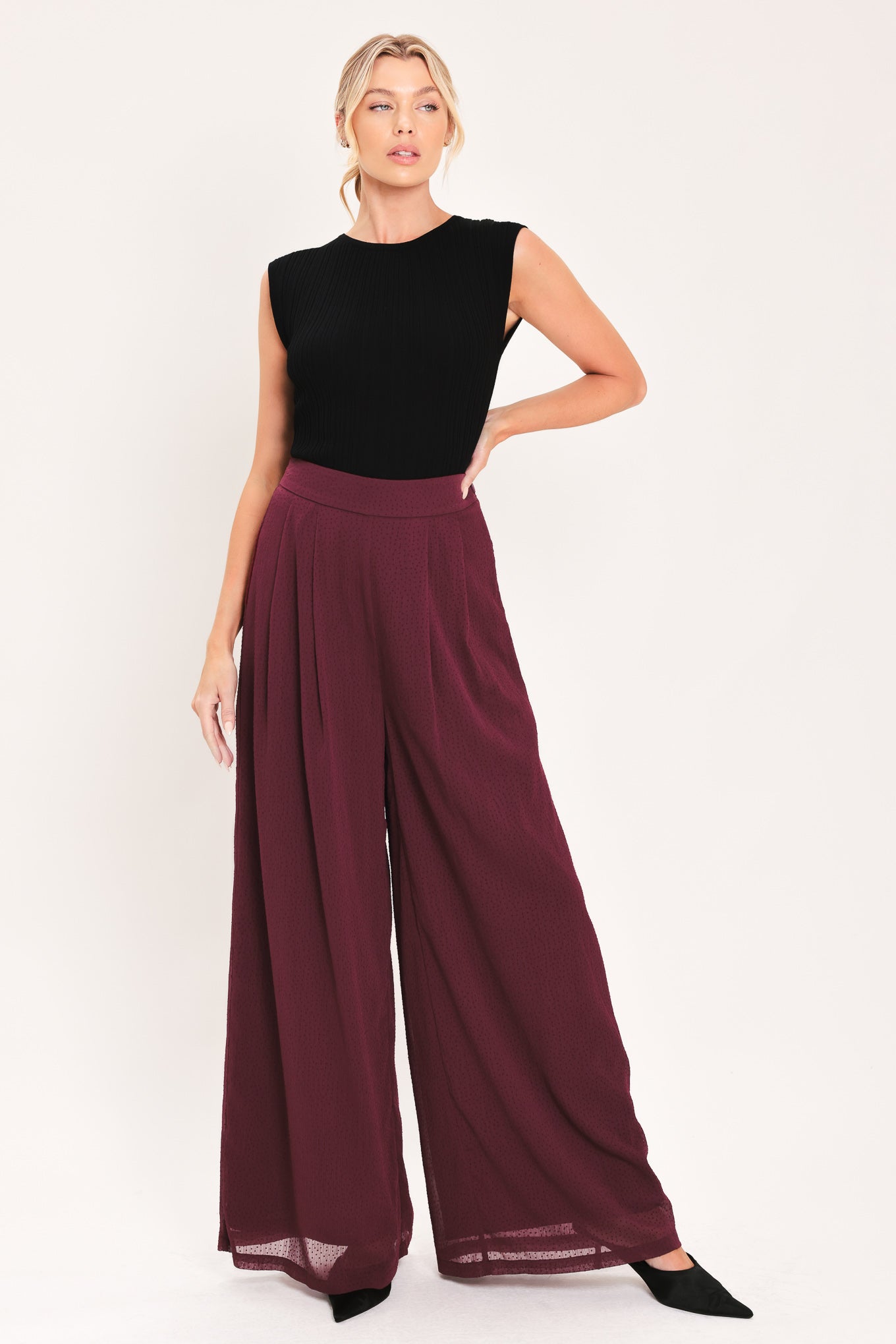 Bordeaux Sheer Drape Woven Wide Leg Pants