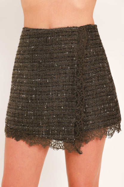 Dark Champagne Spark Woven Tweed Skort