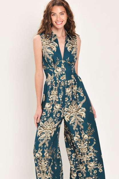 Teal Takeover Printed Collared Wide-leg Jumpsuit