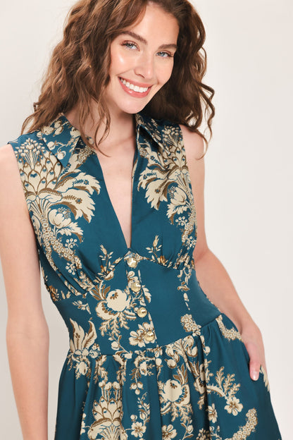 Teal Takeover Printed Collared Wide-leg Jumpsuit