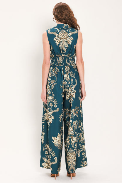 Teal Takeover Printed Collared Wide-leg Jumpsuit