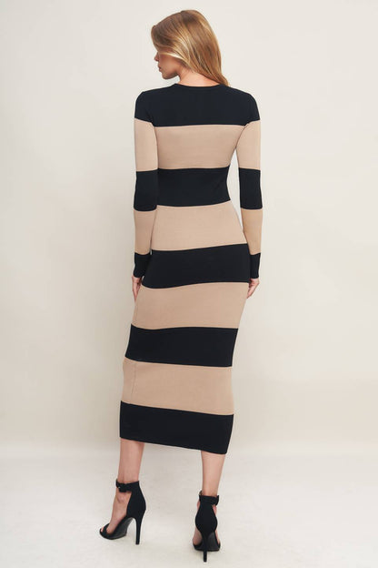 Espresso & Cream Sweater Knit Midi Dress
