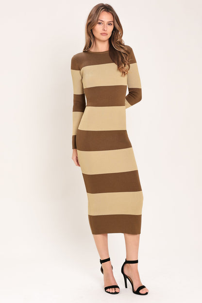 Espresso & Cream Sweater Knit Midi Dress