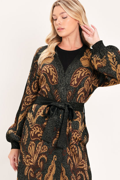 Vintage Garden Jacquard Sweater Knit Midi Cardigan