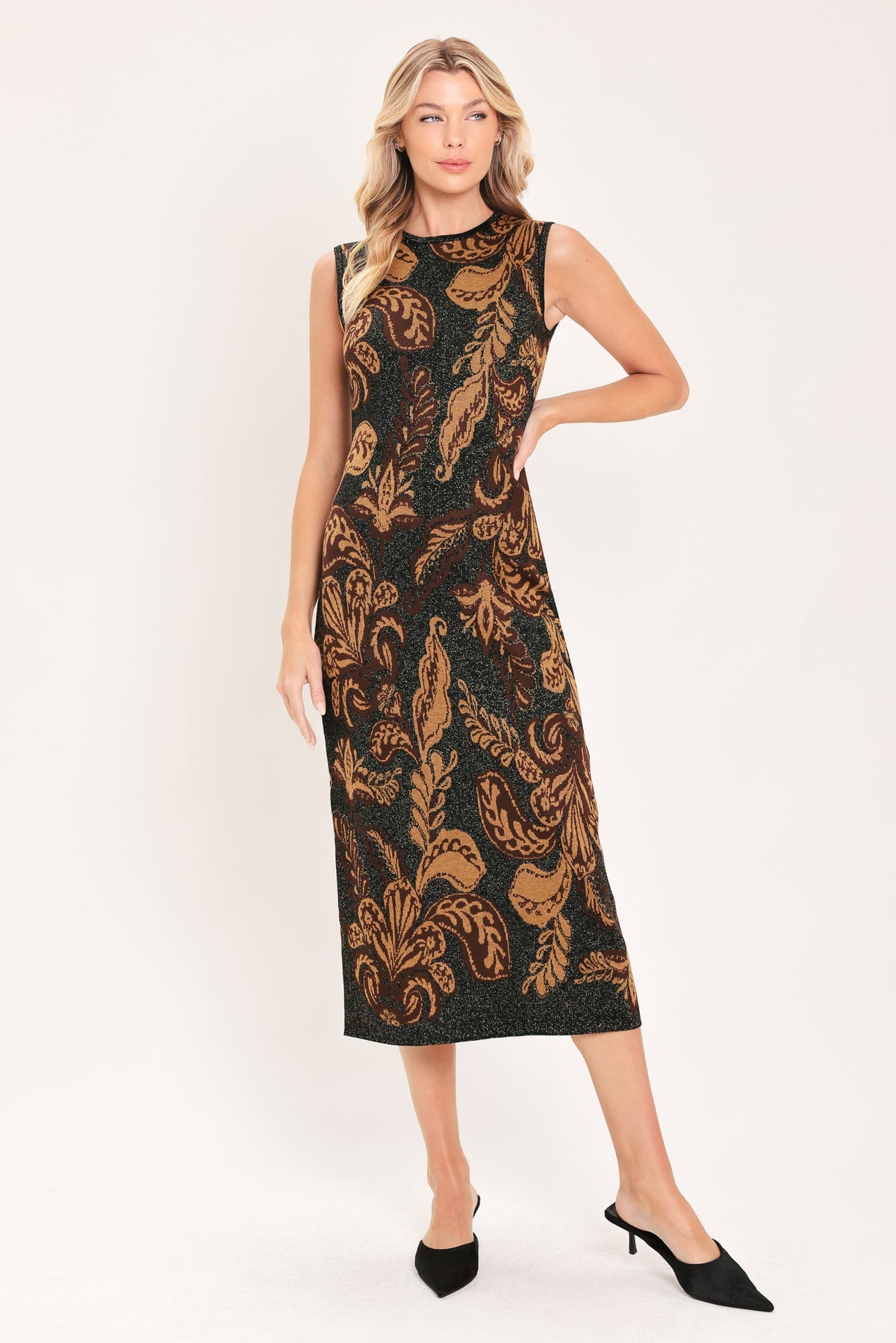 Vintage Garden Jacquard Sweater Knit Midi Dress