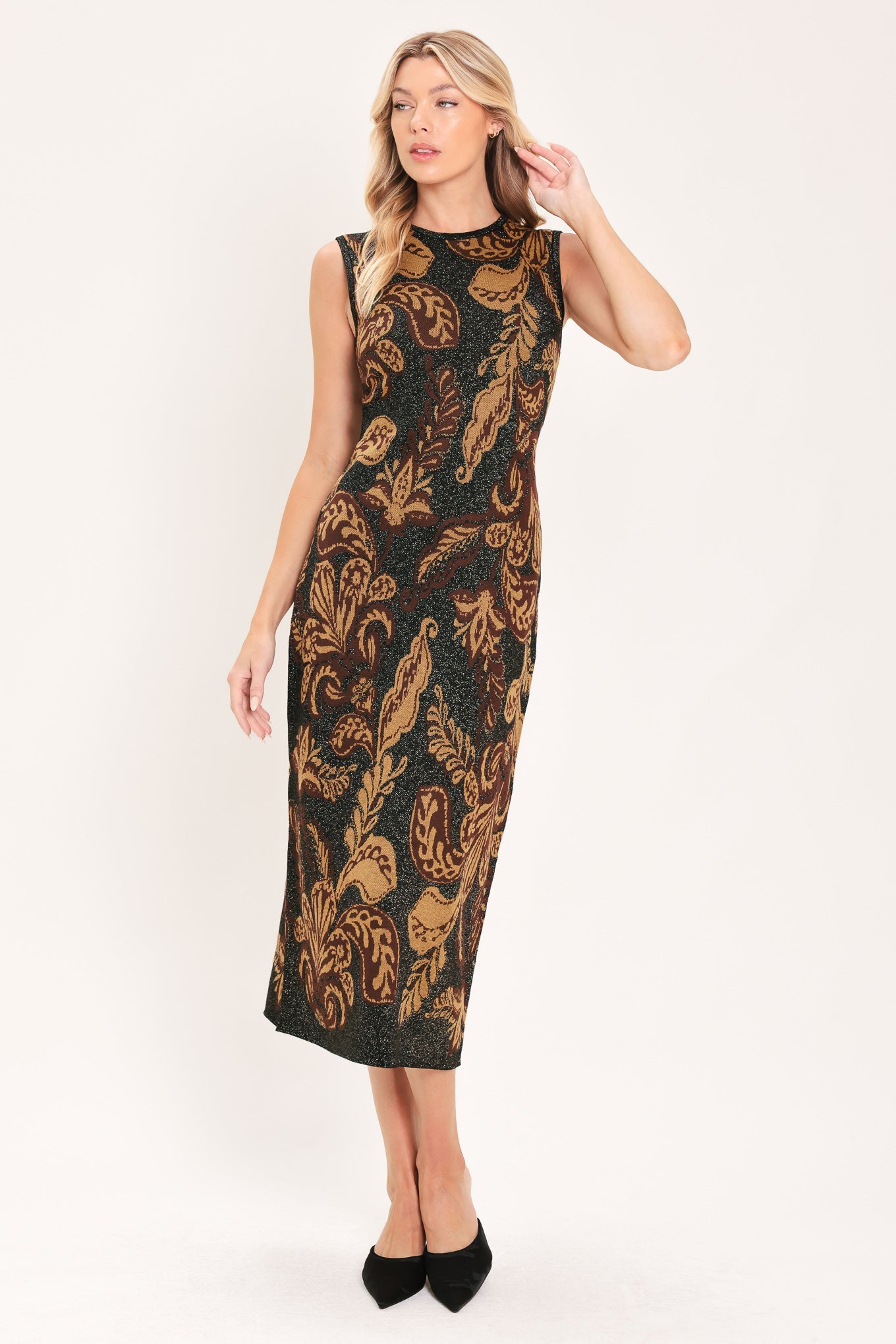 Vintage Garden Jacquard Sweater Knit Midi Dress