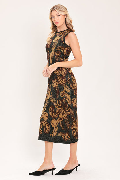 Vintage Garden Jacquard Sweater Knit Midi Dress